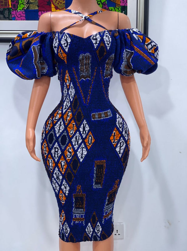 Criss cross neckline smoked dress in blue ankara